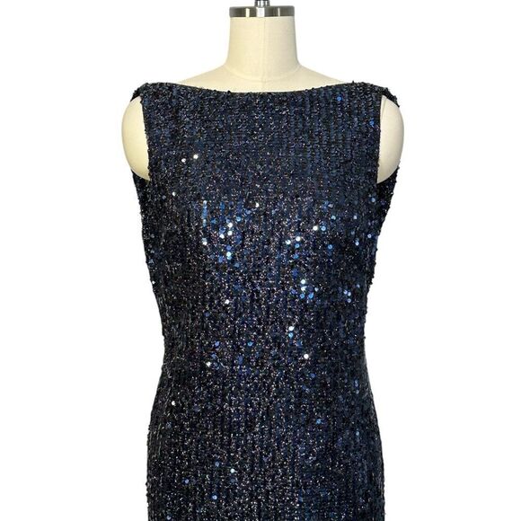 Mac Duggal 26331 Blue Cowl Back Boat Neck Sequined Evening Gown | Size 10 - Picture 2 of 12